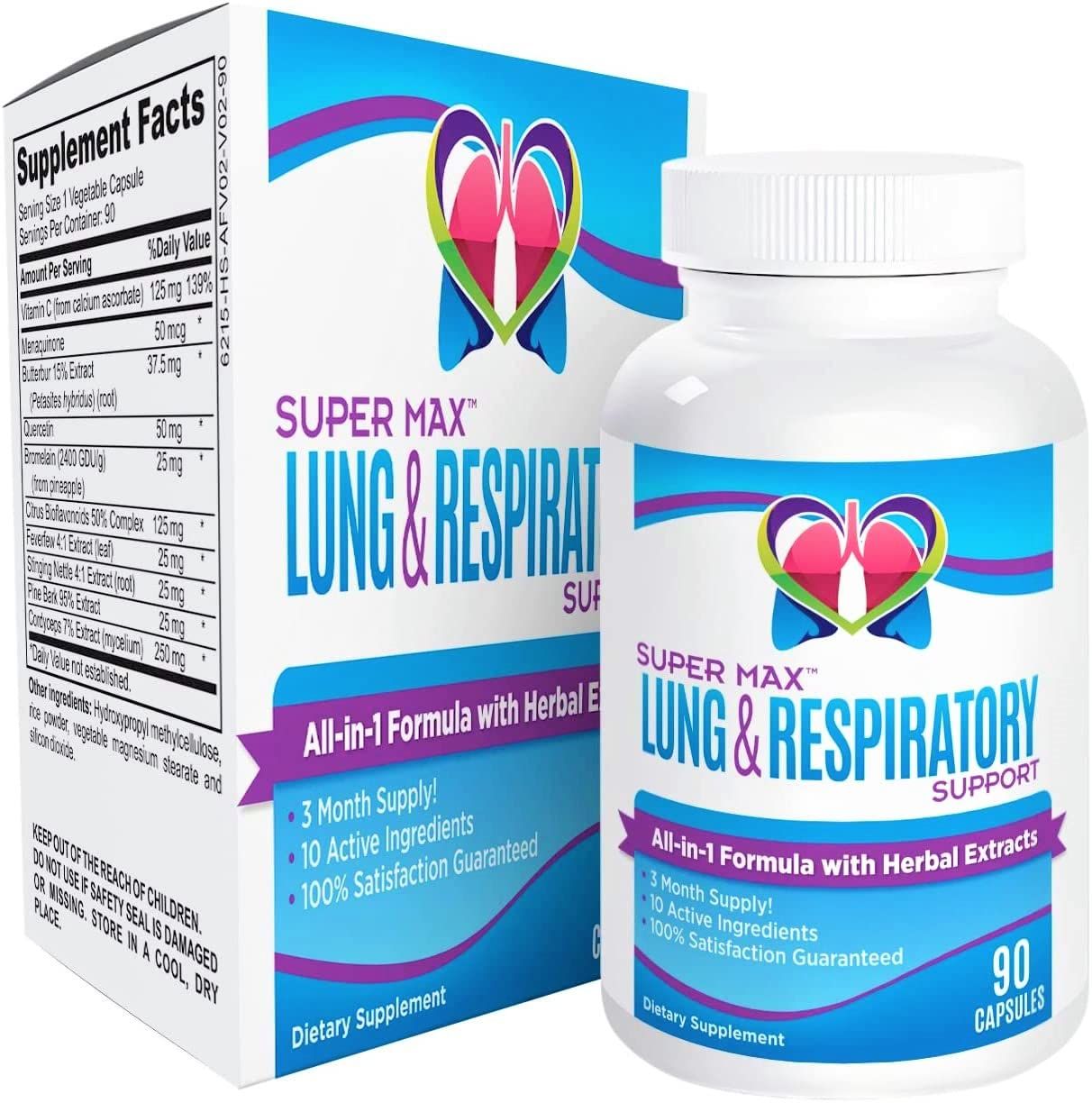 3-Month Lung &amp; Respiratory Support Supplement (All-in-1 Formula) with 10 Active Ingredients - Lung Respiratory Health Supplements - Easy to Swallow - 90 Capsules