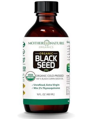 Mother Nature USDA Organic Black Seed Oil, Cold Pressed, Unrefined, High TQ, Turkish Nigella Sativa Black Cumin Seed Oil for Immune &amp; Digestive Health, Skin &amp; Hair, Virgin, Non-GMO, 16oz Glass Bottle