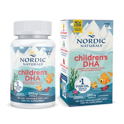Nordic Naturals Childrens DHA, Strawberry - 180 Mini Chewable Soft Gels for Kids - 250 mg Omega-3 with EPA &amp; DHA - Brain Development &amp; Function - Non-GMO - 45 Servings