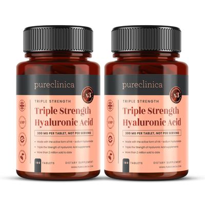 pureclinica Hyaluronic Acid 300mg x 360 Tablets (2 Bottles of 180-12 Months Supply). Triple Strength Hyaluronic Acid. 300% Stronger Than Any Other HLA Tablet.