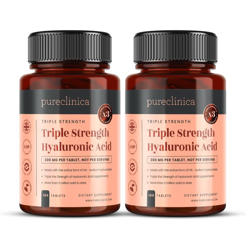 pureclinica Hyaluronic Acid 300mg x 360 Tablets (2 Bottles of 180-12 Months Supply). Triple Strength Hyaluronic Acid. 300% Stronger Than Any Other HLA Tablet.