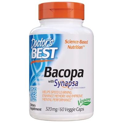 Doctor&#39;s Best Bacopa with Synapsa, Brain, Enhances Memory, Antioxidant, Non-GMO, Vegan, Gluten &amp; Soy Free, 320 mg, 60 Count