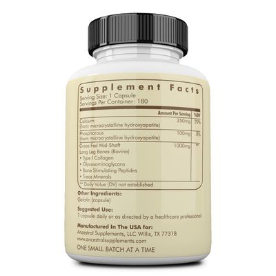 Ancestral Supplements Grass Fed Beef Living Bone Supplement, Bone Meal Capsules Support Bone Health, Oral and Joint Health and Flexibility, Non-GMO, 180 Capsules
