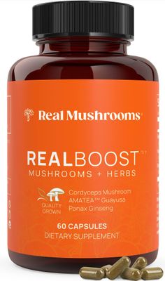 Real Mushrooms RealBoost Capsules - Mushroom Supplement Blend with Cordyceps Mushroom, Panax Ginseng Extract &amp; Guayusa Extract - Energy, Immune Defense, &amp; Mood Support Supplement - Vegan, 60 Caps