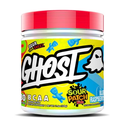 GHOST BCAA Powder Amino Acids Supplement, Sour Patch Kids Blue Raspberry - 30 Servings - Sugar-Free Intra, Post &amp; Pre Workout Amino Powder &amp; Recovery Drink, 7G BCAA