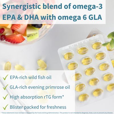 Pharmepa Complete rTG EPA DHA Triglyceride Form Omega 3 1000mg, High Potency Fish Oil Plus Omega 6 GLA Evening Primrose Oil, Lemon Flavor, 60 Softgels