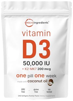 Micro Ingredients Vitamin D3 50,000 IU Plus K2 (MK-7) 200 mcg, 240 Virgin Coconut Oil Softgels | 2 in 1 Vitamins D &amp; K Complex | Supports Calcium Absorption, Bone, Immune, &amp; Heart Health