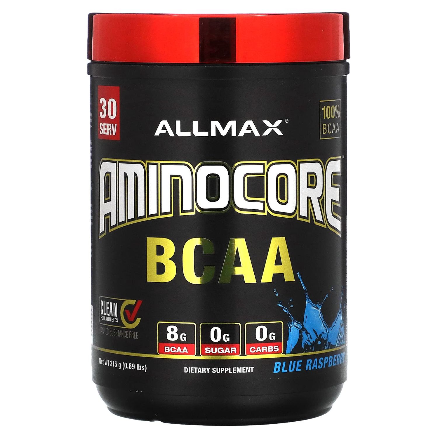 AMINOCORE BCAA - 8G BCAAs - 100% Pure Branch Chained Amino Acids - Gluten Free - Blue Raspberry - 315 Gram