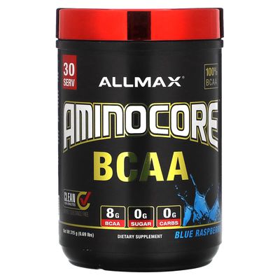 AMINOCORE BCAA - 8G BCAAs - 100% Pure Branch Chained Amino Acids - Gluten Free - Blue Raspberry - 315 Gram