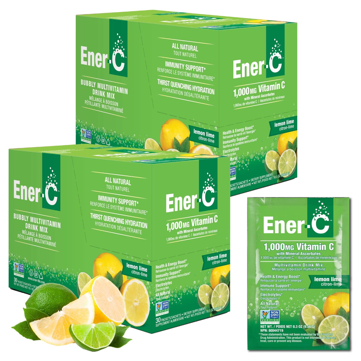 Ener-C Lemon Lime Multivitamin Drink Mix Powder Vitamin C 1000mg &amp; Electrolytes with Real Fruit Juice Natural Energy &amp; Immune Support for Women &amp; Men - Non-GMO Vegan &amp; Gluten Free - 60 Count