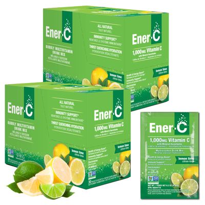Ener-C Lemon Lime Multivitamin Drink Mix Powder Vitamin C 1000mg &amp; Electrolytes with Real Fruit Juice Natural Energy &amp; Immune Support for Women &amp; Men - Non-GMO Vegan &amp; Gluten Free - 60 Count