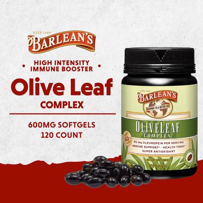 Barlean's Olive Leaf Complex Softgels Immune Support Supplement with 90 mg Oleuropein Antioxidants, Concentrated Heart Health &amp; Immunity Booster Pills, 120 Count