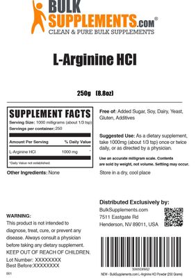 BulkSupplements.com L-Arginine HCl Powder - L-Arginine 1000mg, Arginine Supplement - Nitric Oxide Supplement, Nitric Oxide Powder - Pure &amp; Gluten Free, 1000mg per Serving, 250g (8.8 oz)