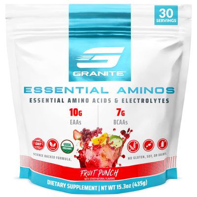 Granite 10g Essential Amino Acids Powder | Muscle Recovery Supplement for Muscle Growth | 7g BCAA Powder with Electrolytes | 30 Servings | Fruit Punch Flavor | Soy &amp; Gluten Free | Made in USA