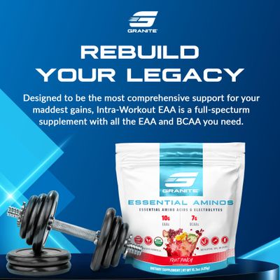 Granite 10g Essential Amino Acids Powder | Muscle Recovery Supplement for Muscle Growth | 7g BCAA Powder with Electrolytes | 30 Servings | Fruit Punch Flavor | Soy &amp; Gluten Free | Made in USA
