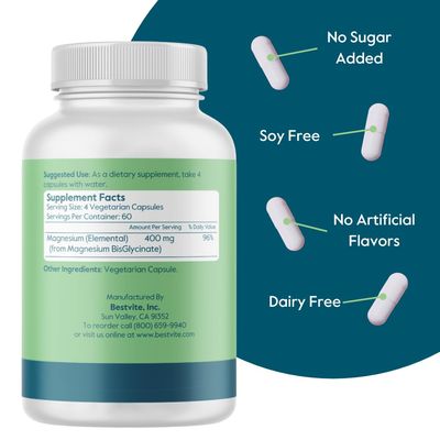 BESTVITE Magnesium Glycinate - 400mg of Magnesium per Serving (240 Vegetarian Capsules) - No Stearates - No Silicon Dioxide - Vegan - Non GMO - Gluten Free