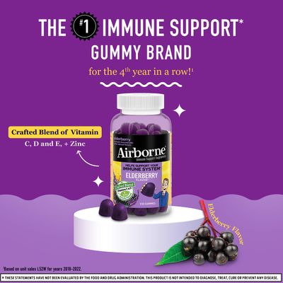 Airborne Elderberry + Zinc &amp; Vitamin C Gummies For Adults, Immune Support Vitamin D &amp; Zinc Gummies with Powerful Antioxidant Vitamins C D &amp; E - 130 Gummies, Elderberry Flavor