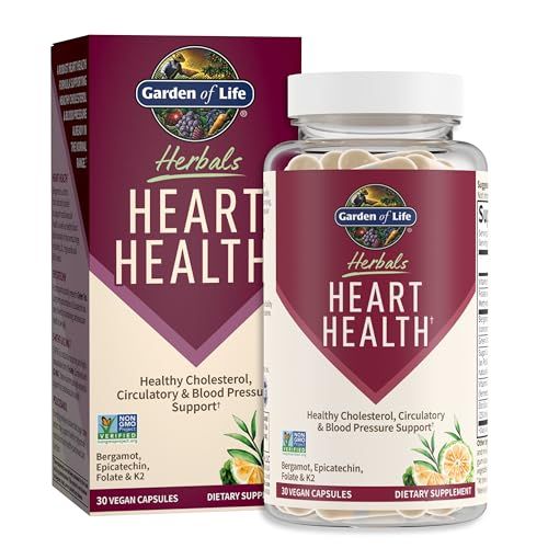 Garden of Life Herbals Heart Health Supplement with Folate, Bergamot, Green Tea &amp; Vitamin E &amp; K for Cholesterol, Circulatory &amp; Blood Pressure Support, Non-GMO, Gluten-Free, Citrus Flavor, 30 Servings