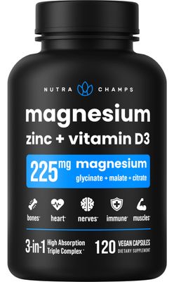 NutraChamps Magnesium Zinc &amp; Vitamin D3 Supplement - Most Bioavailable Forms; Magnesium Glycinate, Malate, Citrate - Bone, Muscle &amp; Heart Health, Immune Support - 120 Vegan Capsules