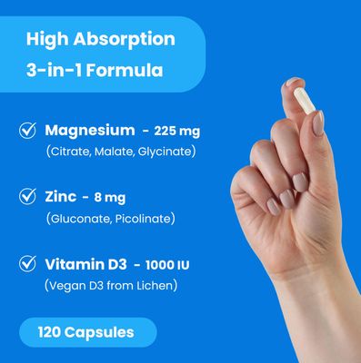 NutraChamps Magnesium Zinc &amp; Vitamin D3 Supplement - Most Bioavailable Forms; Magnesium Glycinate, Malate, Citrate - Bone, Muscle &amp; Heart Health, Immune Support - 120 Vegan Capsules