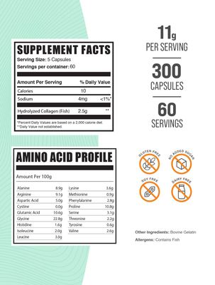 BulkSupplements.com Marine Collagen Capsules - Collagen Supplement, Collagen Peptides Capsules, Marine Collagen Pills - Gluten Free, 5 Capsules per Serving, 60-Day Supply, 300 Capsules