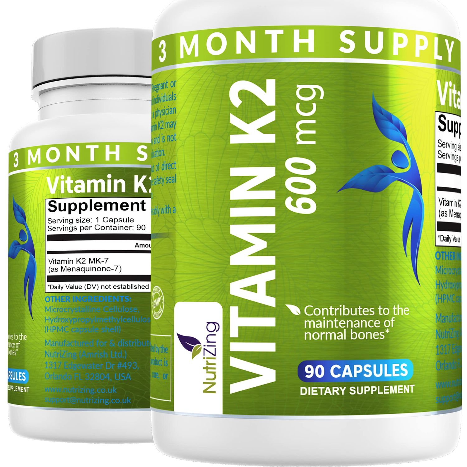 NutriZing K2 Vitamin Supplement MK-7 - High Strength 600mcg - Supports Bone &amp; Arterial Health - 90 Vegan Capsules - Vitamin K2 for Men &amp; Women - 3 Month Supply