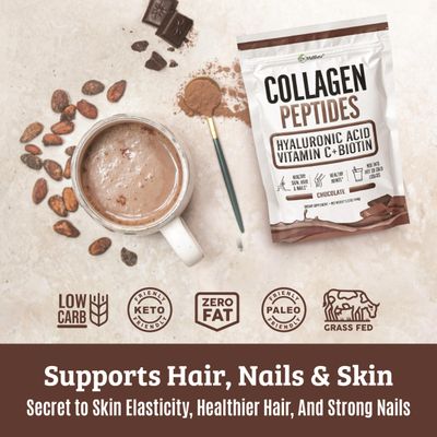 Chocolate Collagen Powder. Collagen with Hyaluronic Acid and Vitamin C. Chocolate Collagen Peptides Powder Chocolate. Collagen with Vitamin C &amp; Biotin for Hair, Skin, Nails, Joint. Keto, Type 1 and 3.