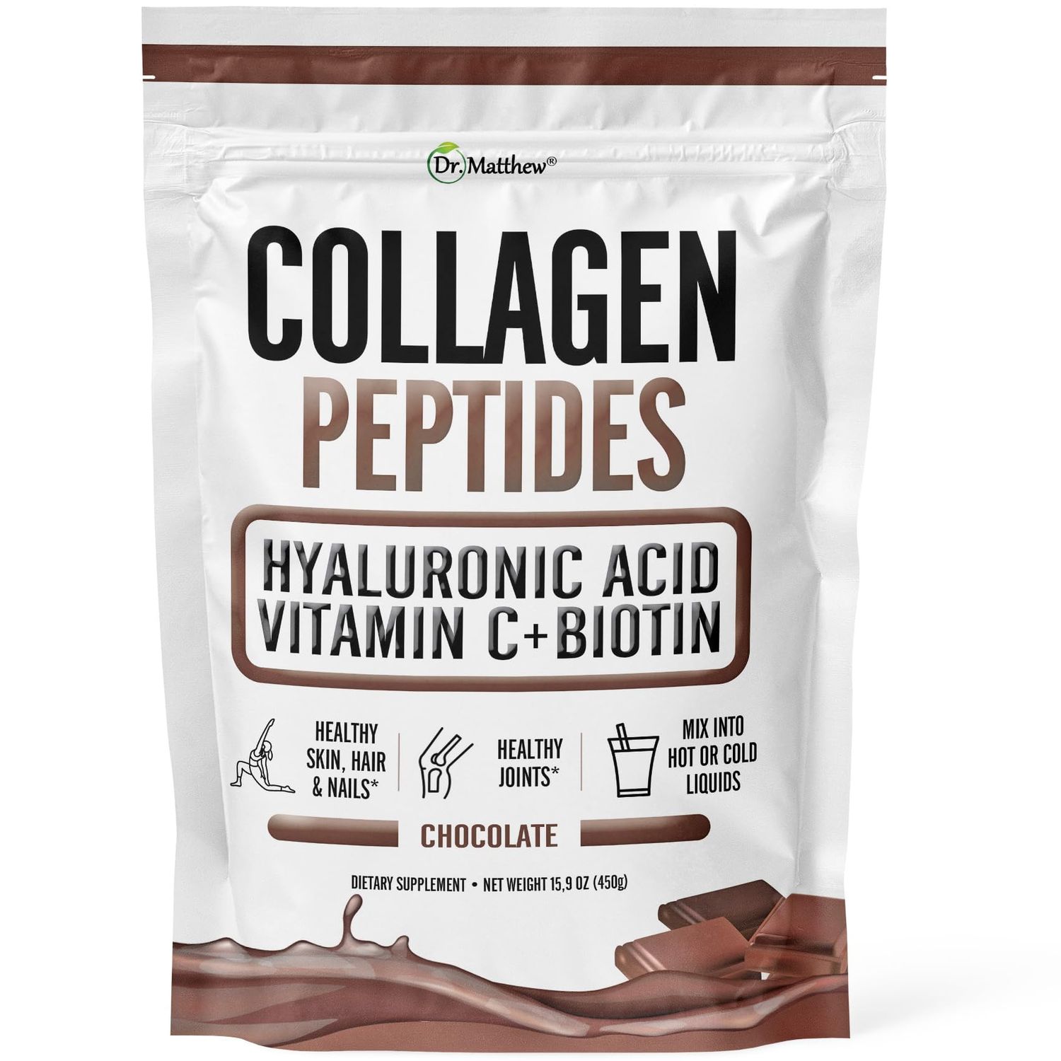 Chocolate Collagen Powder. Collagen with Hyaluronic Acid and Vitamin C. Chocolate Collagen Peptides Powder Chocolate. Collagen with Vitamin C &amp; Biotin for Hair, Skin, Nails, Joint. Keto, Type 1 and 3.