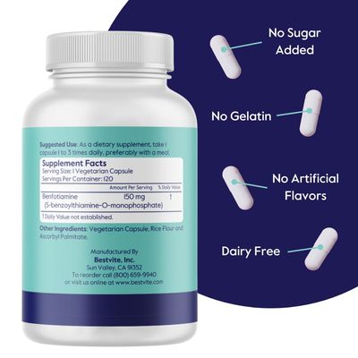BESTVITE Benfotiamine 150mg (360 Vegetarian Capsules) (120x3) - No Stearates - No Silicon Dioxide - Vegan - Non GMO - Gluten Free