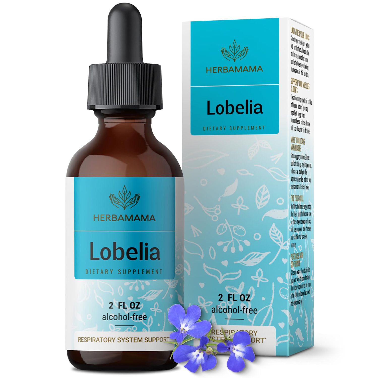 HERBAMAMA Lobelia Tincture - Lobelia Extract Vegan Lung Detox Supplement - Deep Lung Support - Sugar &amp; Alcohol-Free, 28-Day Supply