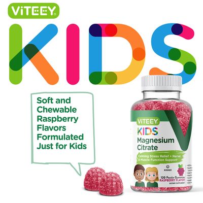 Kids Magnesium Citrate Gummies - Supports Sleep Aid, Calm Gummies, Muscle Relaxer, Optimal Relaxation - Vegetarian, Gelatin Free, Gluten Free, GMO Free - Tasty Chewable Raspberry Flavored Gummy