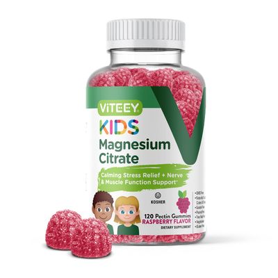 Kids Magnesium Citrate Gummies - Supports Sleep Aid, Calm Gummies, Muscle Relaxer, Optimal Relaxation - Vegetarian, Gelatin Free, Gluten Free, GMO Free - Tasty Chewable Raspberry Flavored Gummy