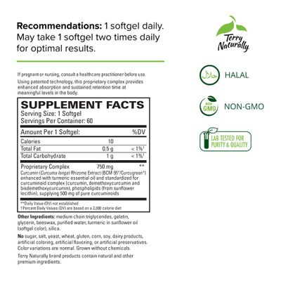 Terry Naturally CuraMed 750 mg Curcumin Complex - 60 Softgels - Superior Absorption BCM-95 - Non-GMO, Gluten Free, Halal - 60 Servings