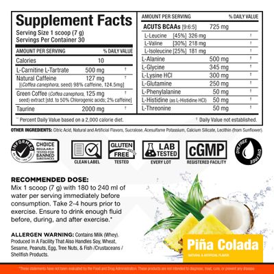ALLMAX Nutrition AMINOCUTS (ACUTS), Amino-Charged Energy Drink with Taurine, L-Carnitine, Green Coffee Bean Extract, Pina Colada, 30 Servings