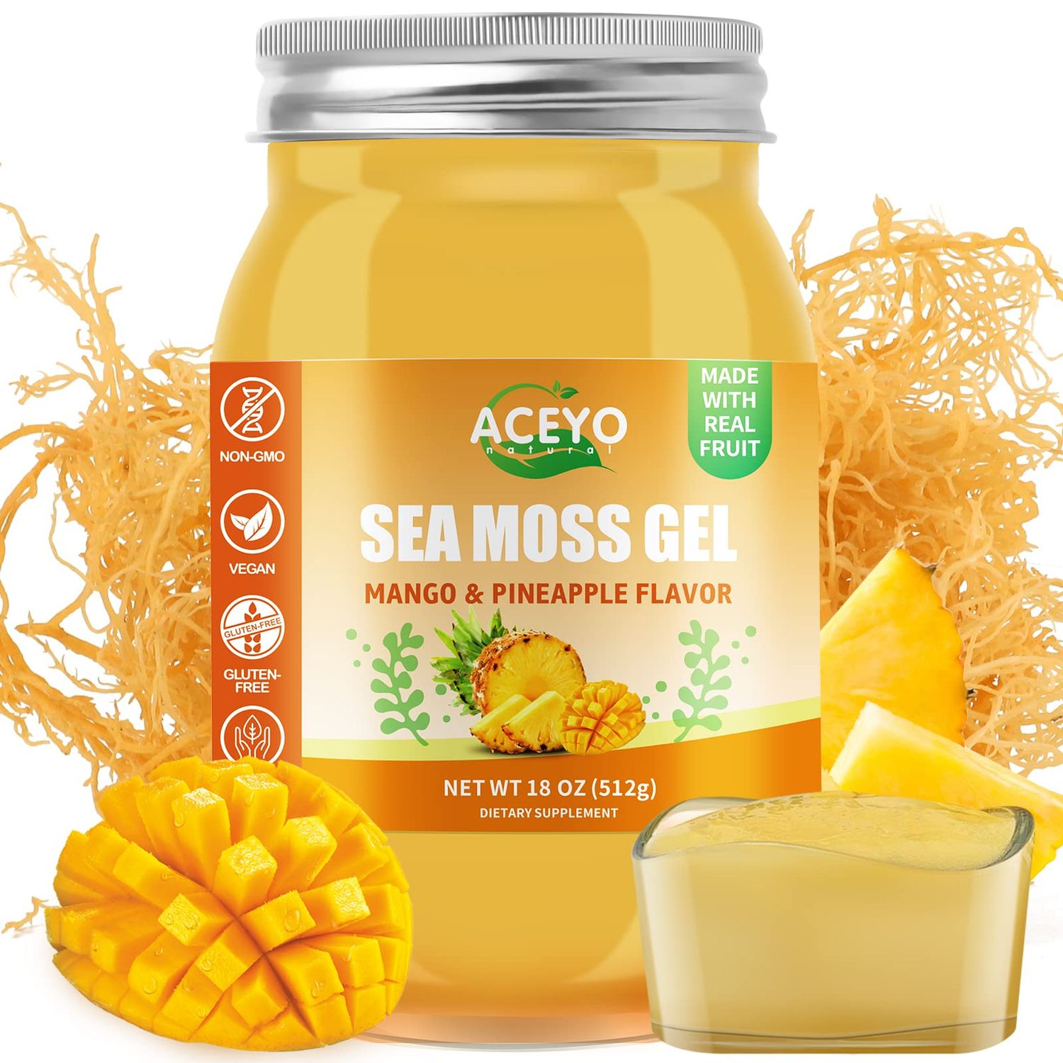ACEYO (18 OZ) Irish Sea Moss Gel Organic Raw Vegan Mango Pineapple Flavor 102 Vitamins and Minerals Wild Harvested Non-GMO Immune Defense Booster Thyroid Digestive Support