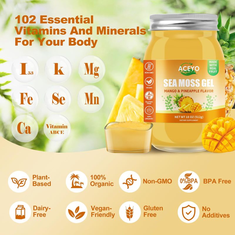 ACEYO (18 OZ) Irish Sea Moss Gel Organic Raw Vegan Mango Pineapple Flavor 102 Vitamins and Minerals Wild Harvested Non-GMO Immune Defense Booster Thyroid Digestive Support