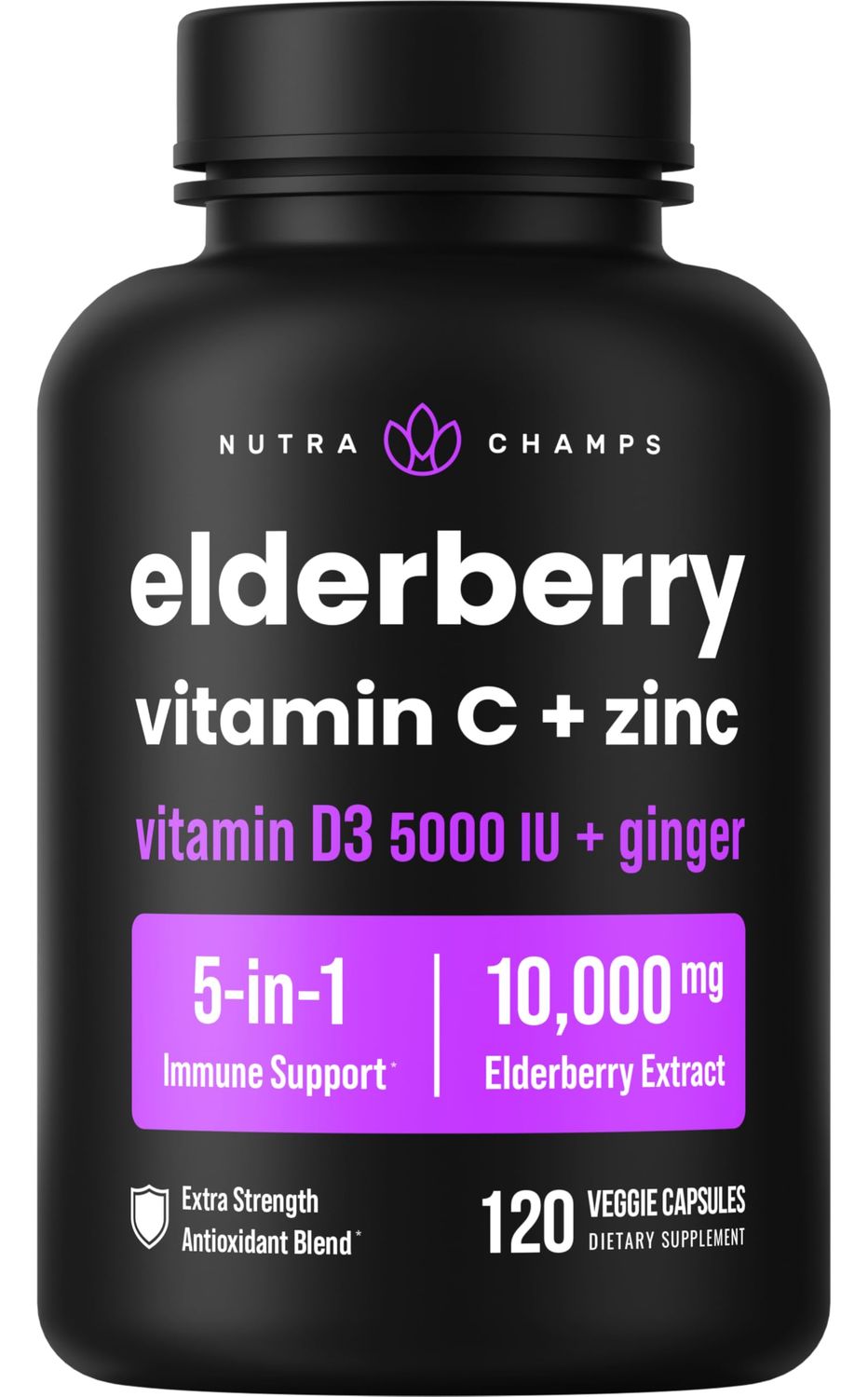 Elderberry Capsules | 10,000mg Sambucus Elderberry with Zinc and Vitamin C for Adults + Vitamin D3 5000 IU &amp; Ginger | 5-in-1 Antioxidant Immune Support Supplement | 120 Elderberry Extract Capsules