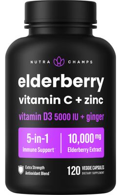 Elderberry Capsules | 10,000mg Sambucus Elderberry with Zinc and Vitamin C for Adults + Vitamin D3 5000 IU &amp; Ginger | 5-in-1 Antioxidant Immune Support Supplement | 120 Elderberry Extract Capsules