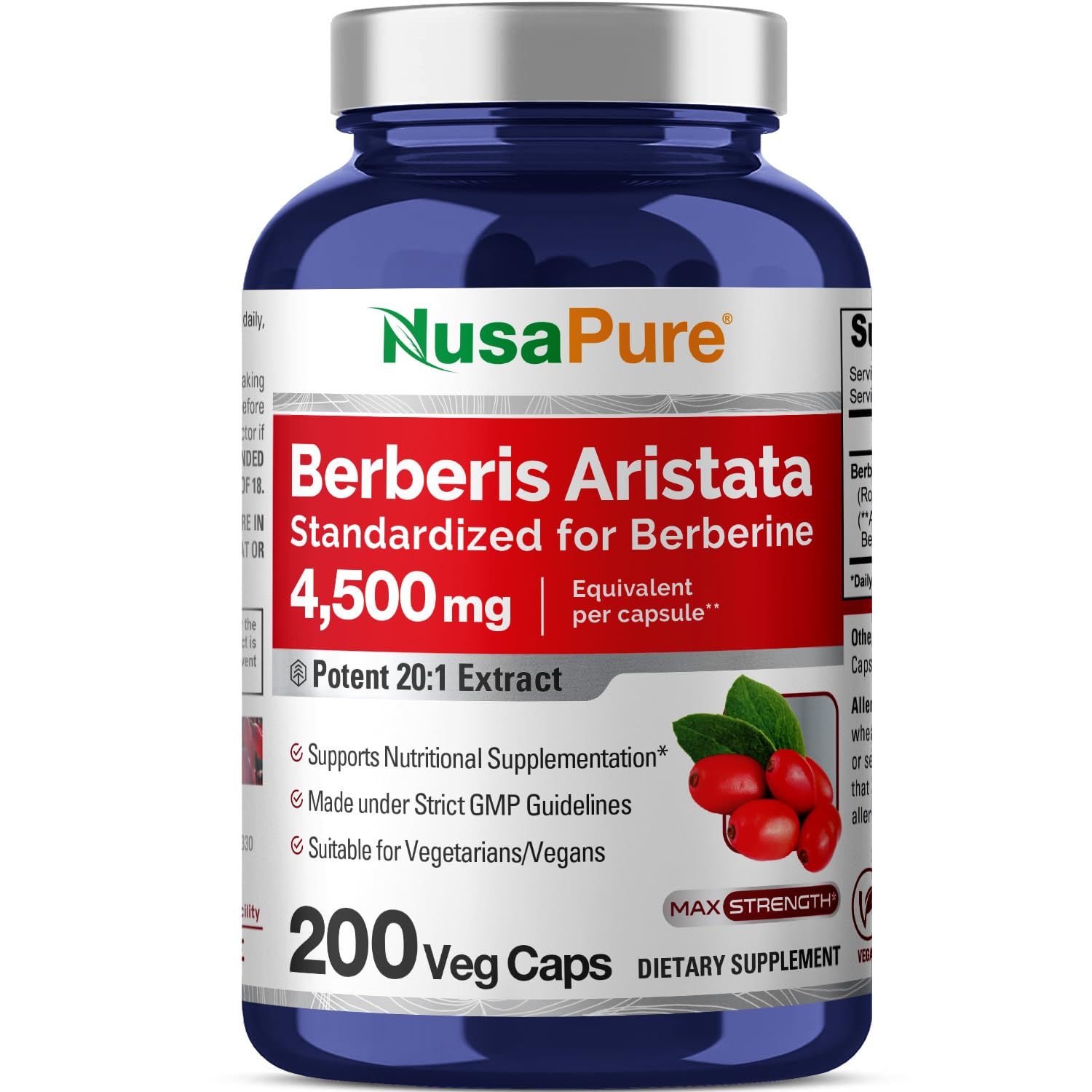 NusaPure Berberine HCI 4500 mg - 200 Veggie Caps - 6 Months Supply - (100% Vegetarian, Non-GMO, Vegan)