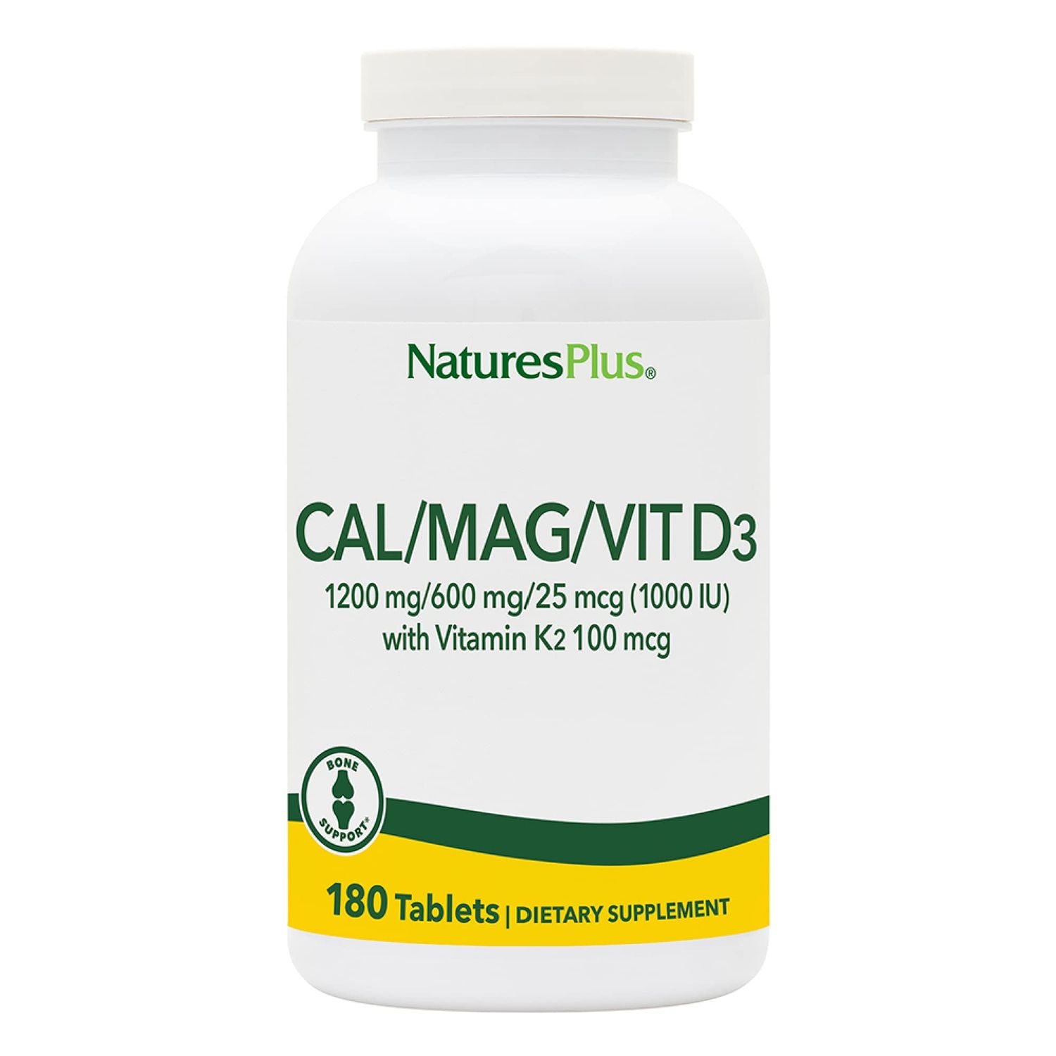 NaturesPlus Cal/Mag/VIT D3 with Vitamin K2- 180 Tablets - Bone Health Supplement with Calcium, Magnesium, Vitamin D3 and K2 - Gluten-Free - 45 Servings