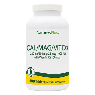 NaturesPlus Cal/Mag/VIT D3 with Vitamin K2- 180 Tablets - Bone Health Supplement with Calcium, Magnesium, Vitamin D3 and K2 - Gluten-Free - 45 Servings