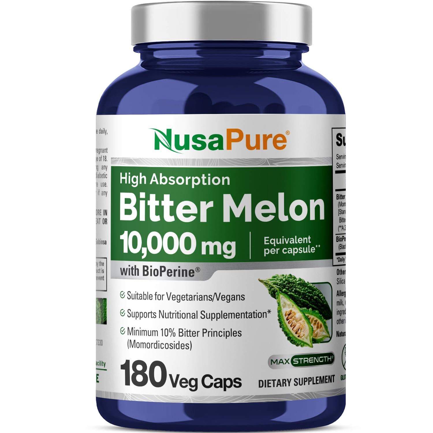 NusaPure Bitter Melon Extract 10,000 mg 180 Vegan Caps (100% Vegetarian, Non-GMO, Gluten-Free, 10% Bitter Principles) Bioperine