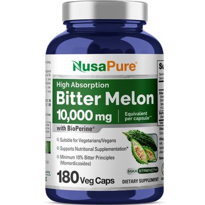 NusaPure Bitter Melon Extract 10,000 mg 180 Vegan Caps (100% Vegetarian, Non-GMO, Gluten-Free, 10% Bitter Principles) Bioperine