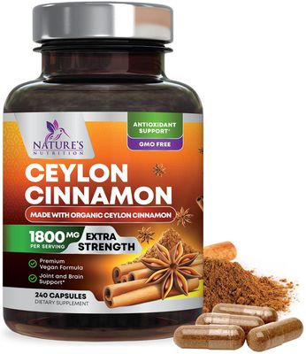 Pure Cinnamon Capsules, Certified Organic Ceylon Cinnamon Pills, Non-GMO, Gluten-Free, Dairy-Free, Sri Lanka Cinnamon Powder Supplement, Best Vegan True Cinnamomum Vitamins, Sugar Free - 240 Capsules