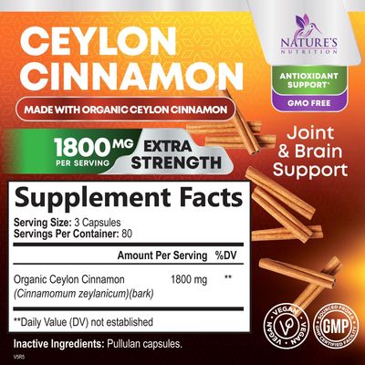 Pure Cinnamon Capsules, Certified Organic Ceylon Cinnamon Pills, Non-GMO, Gluten-Free, Dairy-Free, Sri Lanka Cinnamon Powder Supplement, Best Vegan True Cinnamomum Vitamins, Sugar Free - 240 Capsules