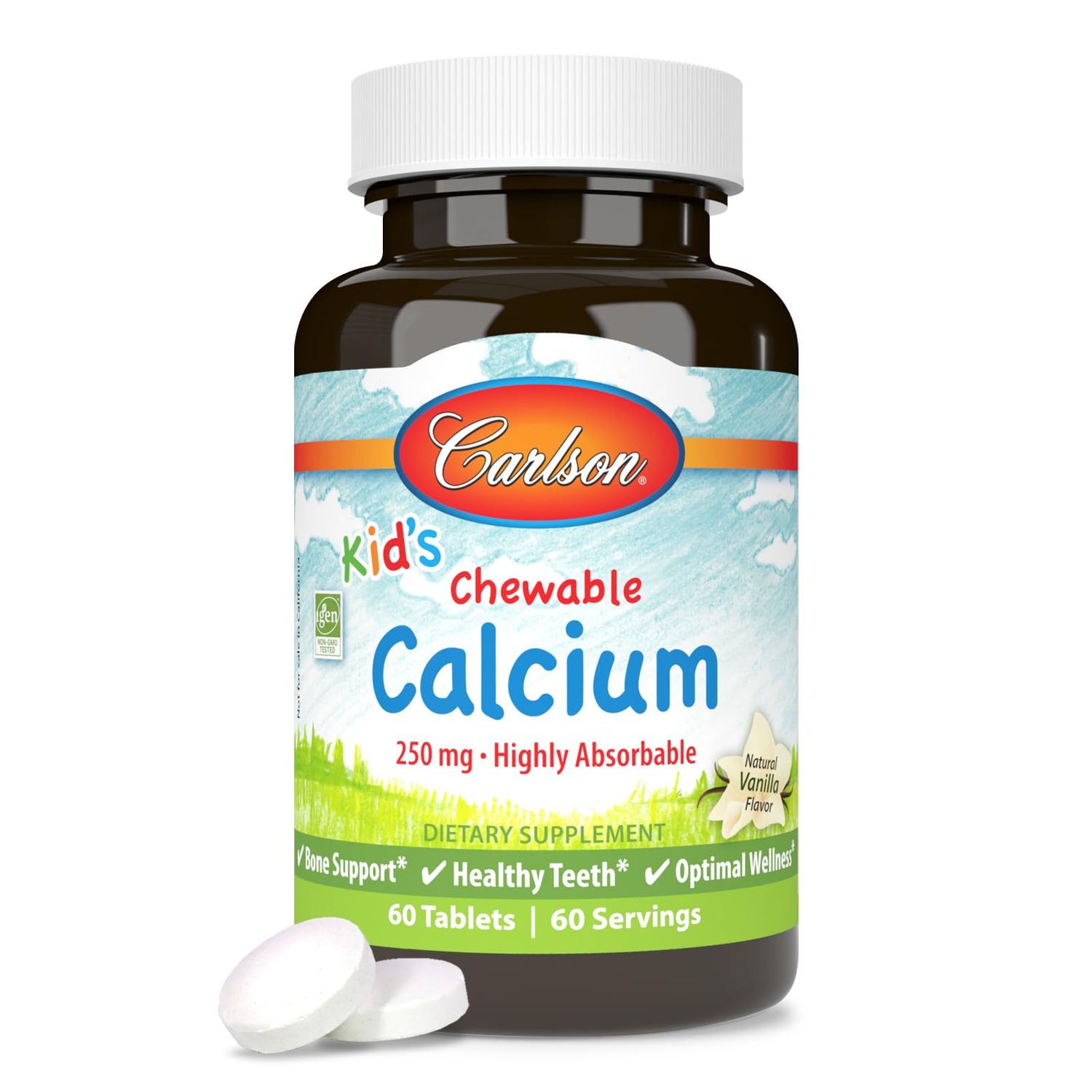 Carlson - Kid&#39;s Chewable Calcium, 250 mg, Highly Absorbable, Bone &amp; Teeth Support, Optimal Wellness, Natural Vanilla Flavor, 60 Tablets