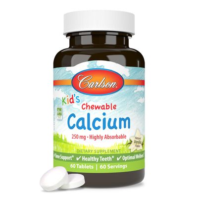 Carlson - Kid&#39;s Chewable Calcium, 250 mg, Highly Absorbable, Bone &amp; Teeth Support, Optimal Wellness, Natural Vanilla Flavor, 60 Tablets