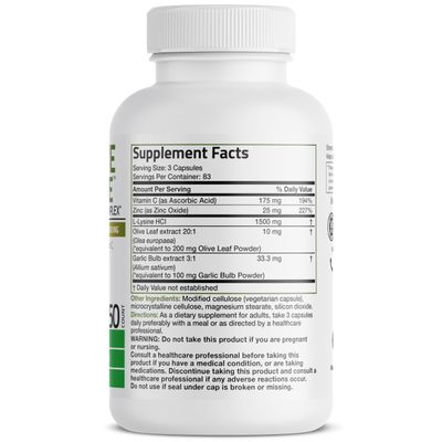 Bronson L-Lysine Defense Immune Support Complex 1500 MG L-Lysine Plus Olive Leaf, Garlic, Vitamin C and Zinc - Non-GMO, 250 Vegetarian Capsules