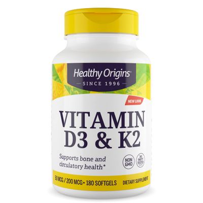 Healthy Origins Vitamin D3 &amp; K2 - Vitamin D3, 50 mcg - Vitamin K2, 200 mcg - Easily Absorbable Vitamin D &amp; Vitamin K Supplements - Non-GMO &amp; Gluten-Free Supplements - 180 Softgels