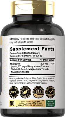 Carlyle Magnesium Taurate 1500mg | 250 Caplets | Chelated and Buffered | Vegetarian, Non-GMO, Gluten Free Supplement